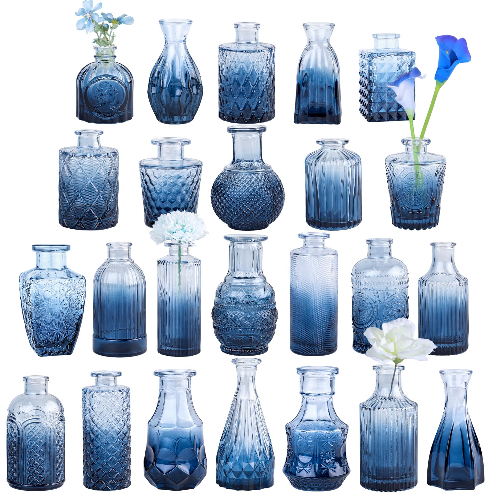 TBWIND 24Pcs Blue Glass Bud Vases Set, Small Vases for Flowers, Perfect for Centerpieces at Parties, Baby Showers, Weddings, Events, Graduation Season, Great Gifts for Office & Home Décor